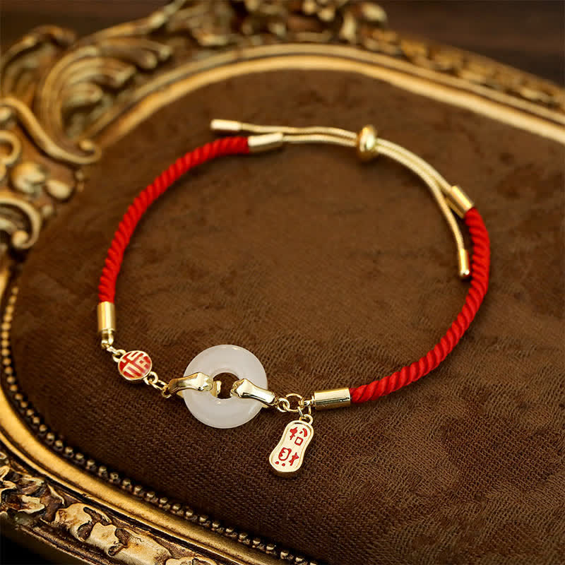 White Jade Red String Fu Character Braided Blessing Bracelet