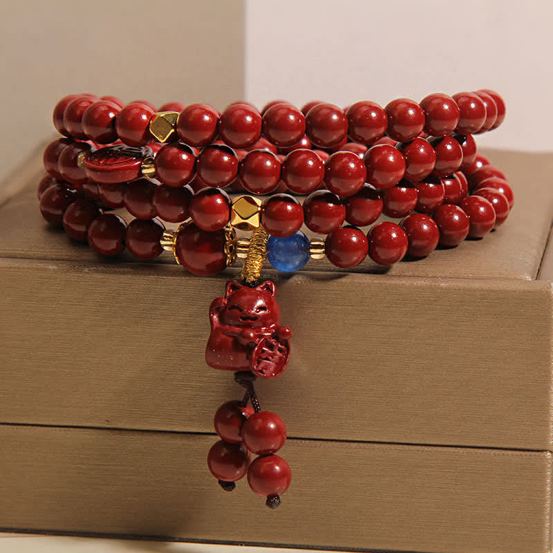 Tibetan 108 Beads Cinnabar Lucky Cat Fu Character Fortune Mala