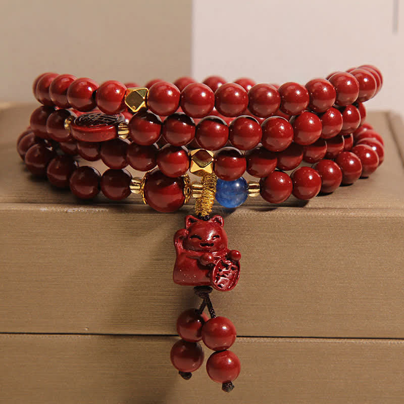 Tibetan 108 Beads Cinnabar Lucky Cat Fu Character Fortune Mala