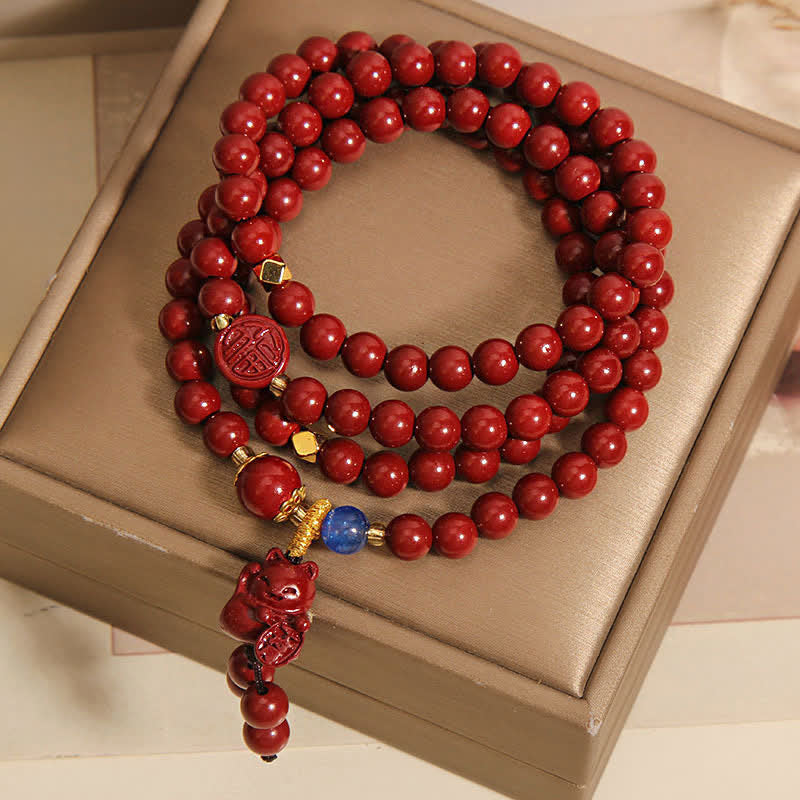 Tibetan 108 Beads Cinnabar Lucky Cat Fu Character Fortune Mala