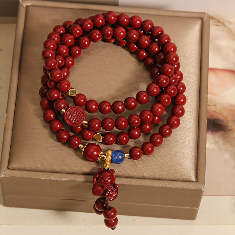 Tibetan 108 Beads Cinnabar Lucky Cat Fu Character Fortune Mala