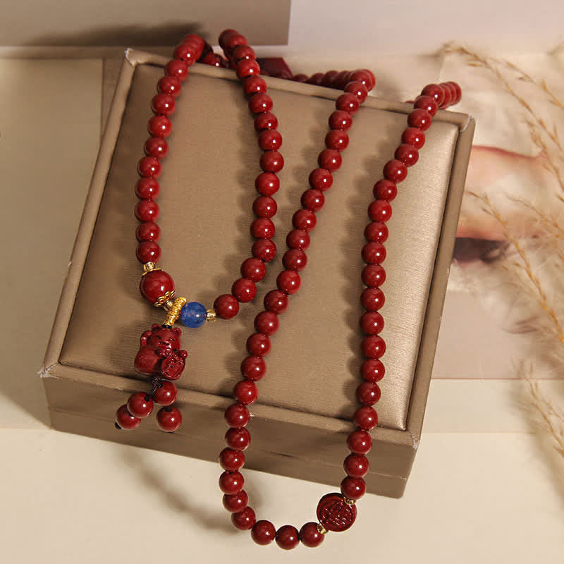 Tibetan 108 Beads Cinnabar Lucky Cat Fu Character Fortune Mala