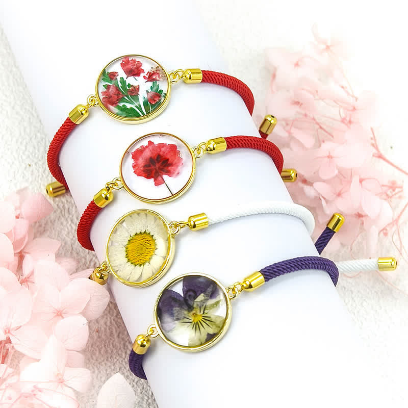 Resin Handmade Birth Flower Adjustable Braided Rope Bracelet