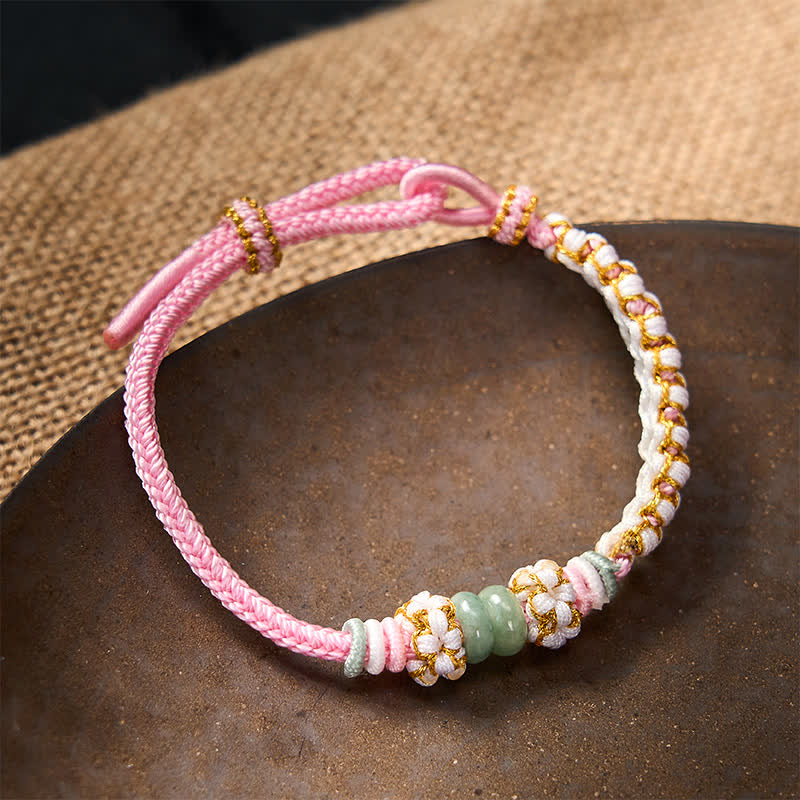 Handmade Braided Chinese Knotting Peach Blossoms Jade Luck Adjustable Bracelet