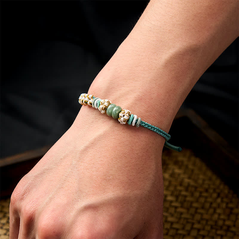 Handmade Braided Chinese Knotting Peach Blossoms Jade Luck Adjustable Bracelet
