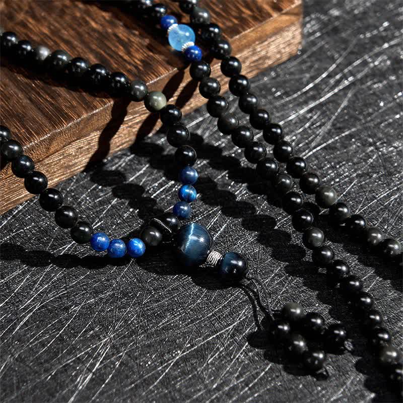 Black Obsidian Protection Handcrafted Round Tassel 108 Bead Mala