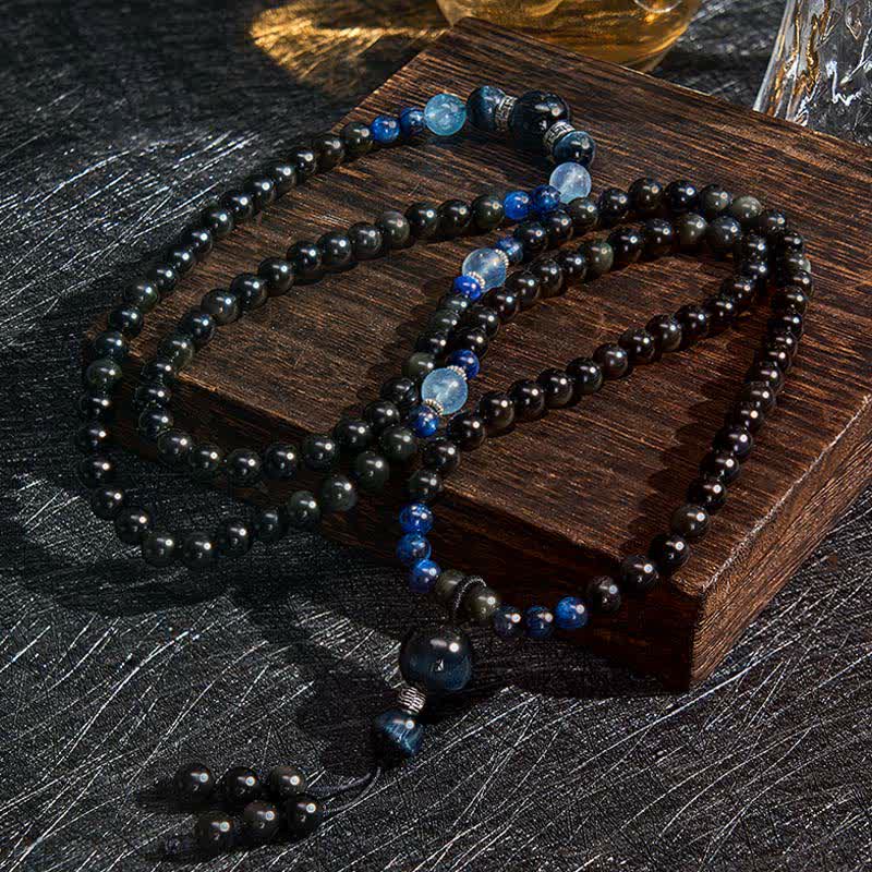 Black Obsidian Protection Handcrafted Round Tassel 108 Bead Mala