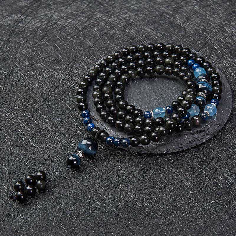 Black Obsidian Protection Handcrafted Round Tassel 108 Bead Mala