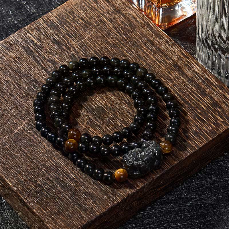 PiXiu Rainbow Obsidian Black Obsidian Wealth Hand Carved Bead Bracelet