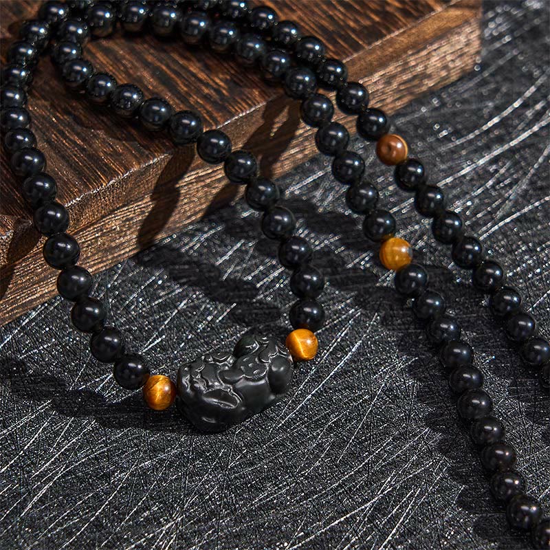 PiXiu Rainbow Obsidian Black Obsidian Wealth Hand Carved Bead Bracelet
