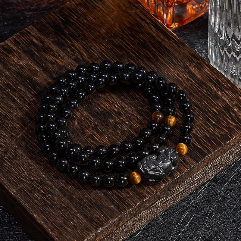 PiXiu Rainbow Obsidian Black Obsidian Wealth Hand Carved Bead Bracelet