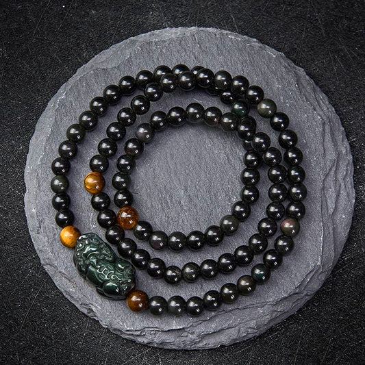 PiXiu Rainbow Obsidian Black Obsidian Wealth Hand Carved Bead Bracelet