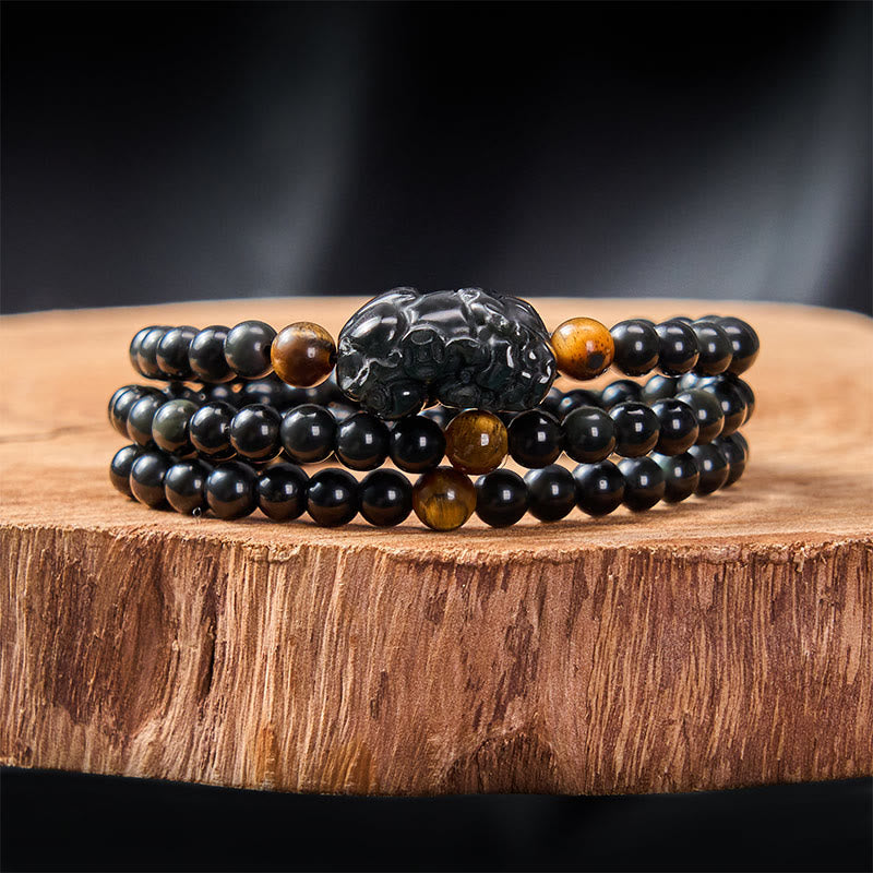 PiXiu Rainbow Obsidian Black Obsidian Wealth Hand Carved Bead Bracelet