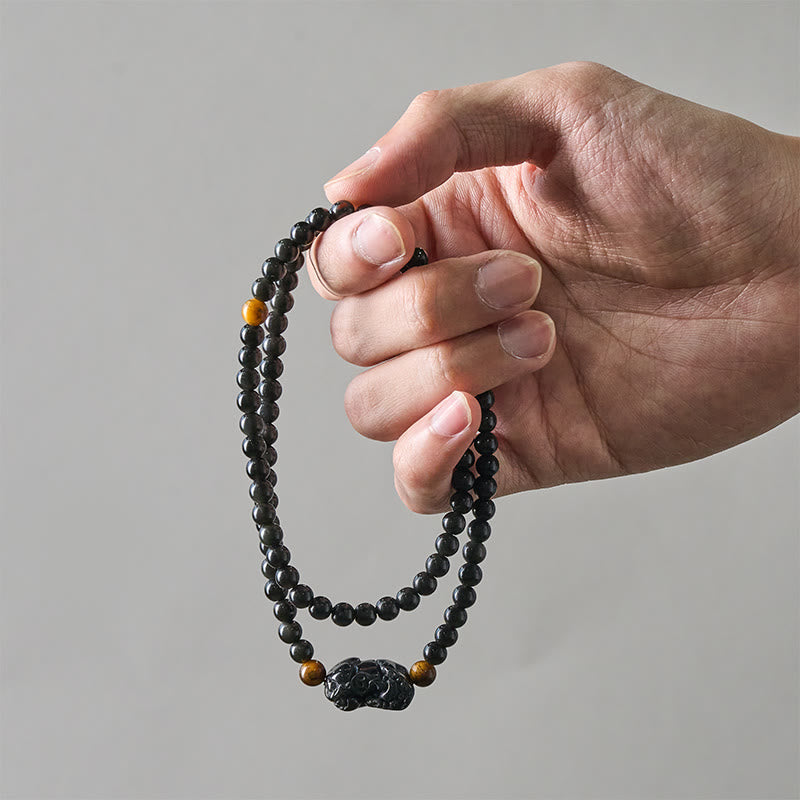 PiXiu Rainbow Obsidian Black Obsidian Wealth Hand Carved Bead Bracelet