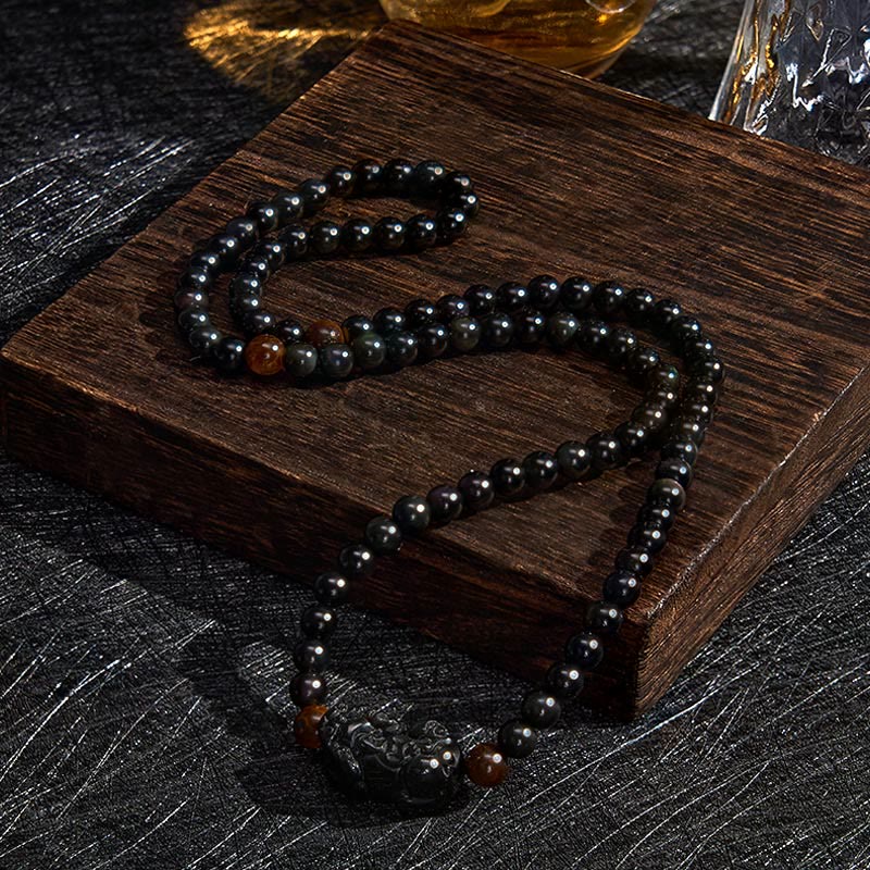 PiXiu Rainbow Obsidian Black Obsidian Wealth Hand Carved Bead Bracelet