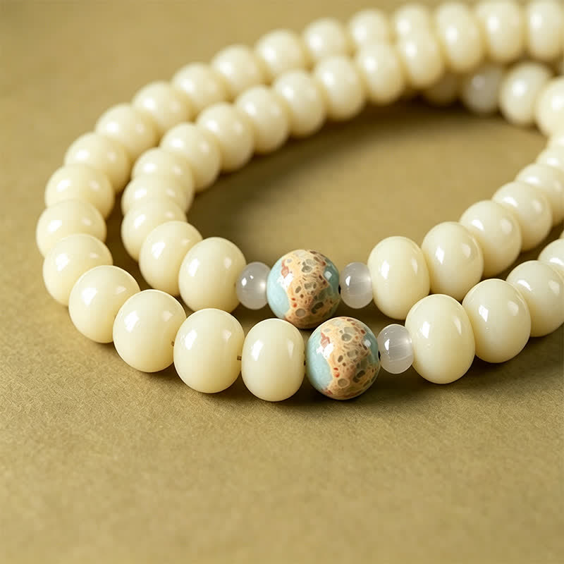 White Bodhi Seed Bodhisattva Tara Hope Hand-Woven Ethnic 108 Bead Mala