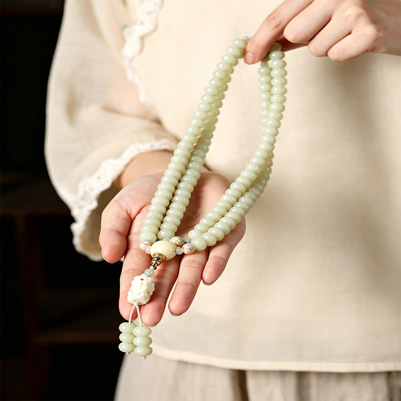 White Bodhi Seed Bodhisattva Tara Hope Hand-Woven Ethnic 108 Bead Mala