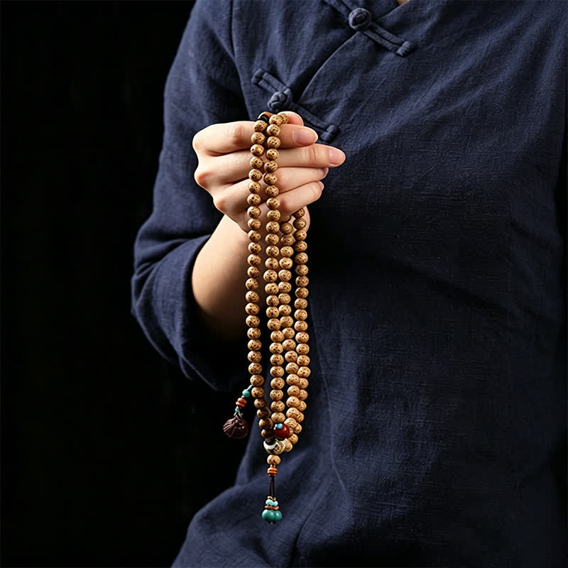Star Moon Bodhi Seed Lotus Pod Handcrafted Wisdom Round 108 Bead Mala