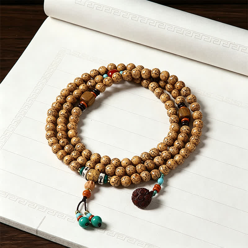 Star Moon Bodhi Seed Lotus Pod Handcrafted Wisdom Round 108 Bead Mala
