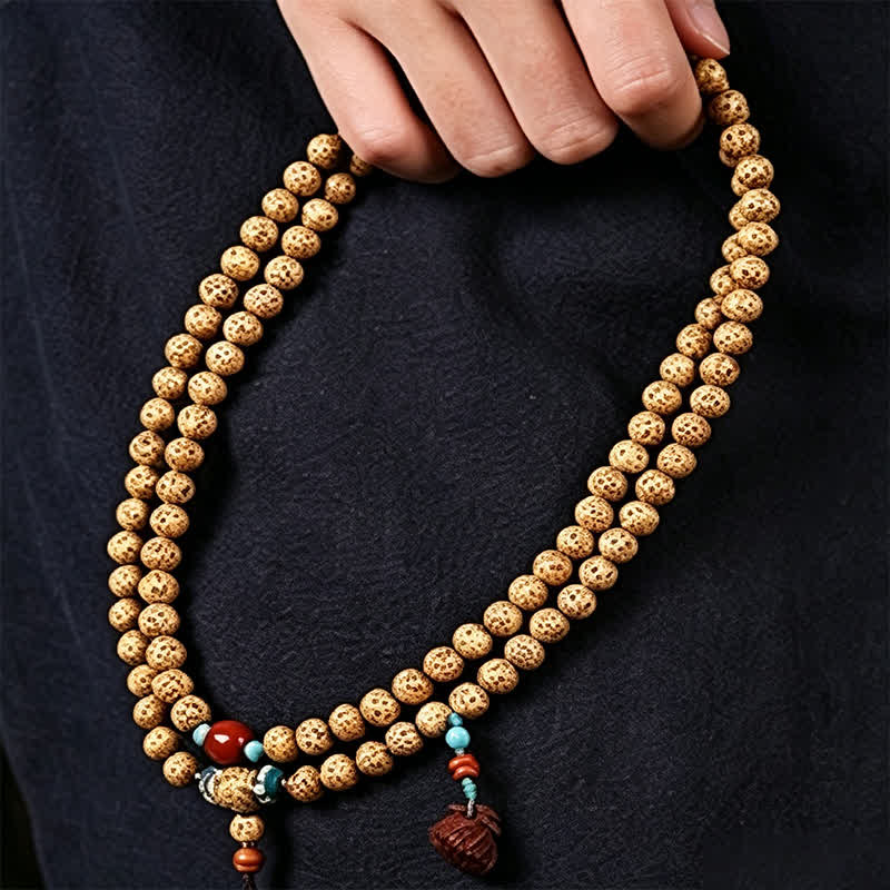 Star Moon Bodhi Seed Lotus Pod Handcrafted Wisdom Round 108 Bead Mala