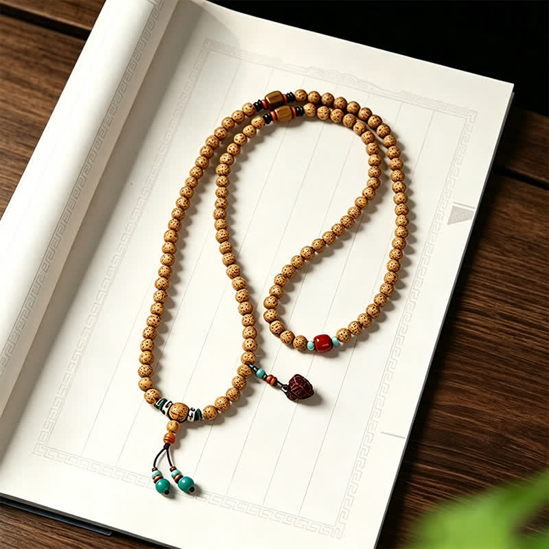 Star Moon Bodhi Seed Lotus Pod Handcrafted Wisdom Round 108 Bead Mala