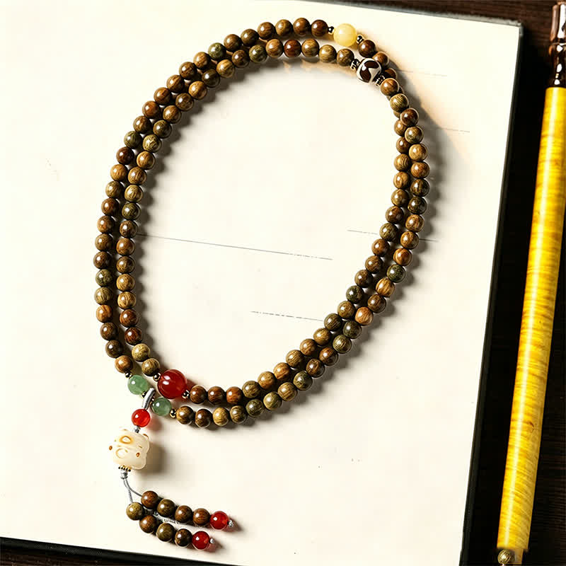 Green Sandalwood Serenity Hand-Woven Cat Charm Retro Ethnic Mala