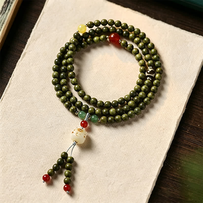 Green Sandalwood Serenity Hand-Woven Cat Charm Retro Ethnic Mala