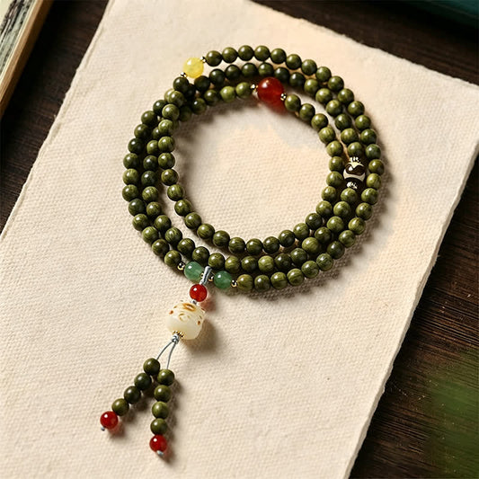 Green Sandalwood Serenity Hand-Woven Cat Charm Retro Ethnic Mala