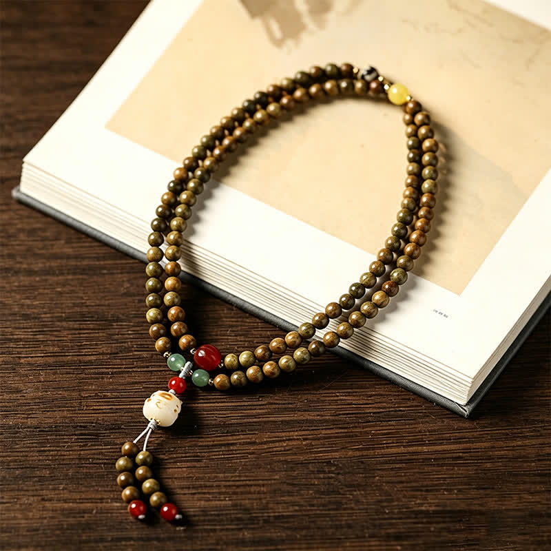 Green Sandalwood Serenity Hand-Woven Cat Charm Retro Ethnic Mala