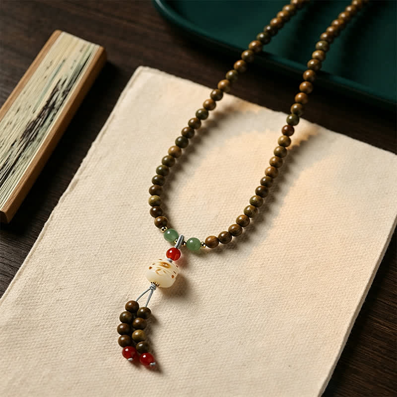 Green Sandalwood Serenity Hand-Woven Cat Charm Retro Ethnic Mala