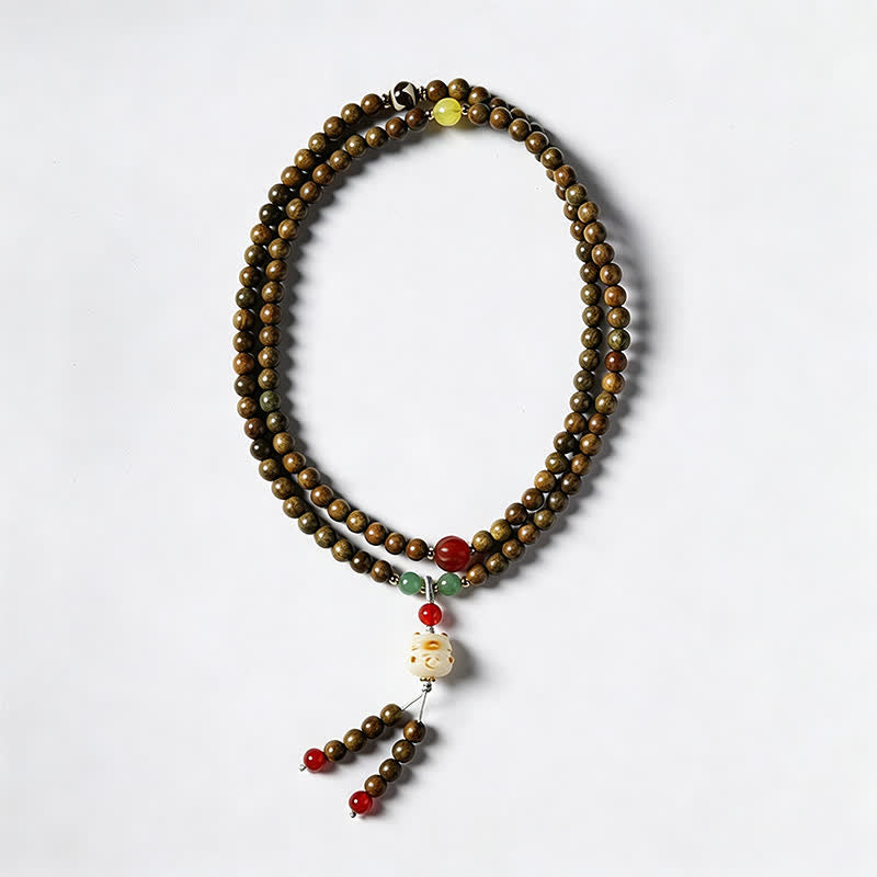 Green Sandalwood Serenity Hand-Woven Cat Charm Retro Ethnic Mala