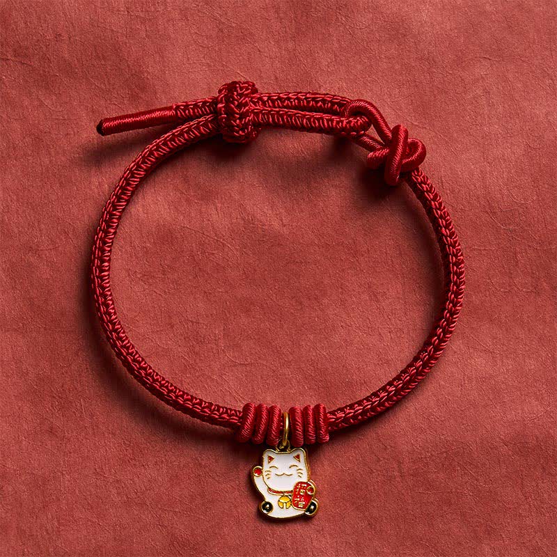 Handmade Braided Red String Lucky Cat Bringing Good Fortune Fu Character Adjustable Bracelet