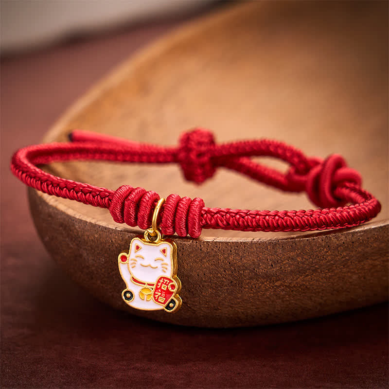 Handmade Braided Red String Lucky Cat Bringing Good Fortune Fu Character Adjustable Bracelet