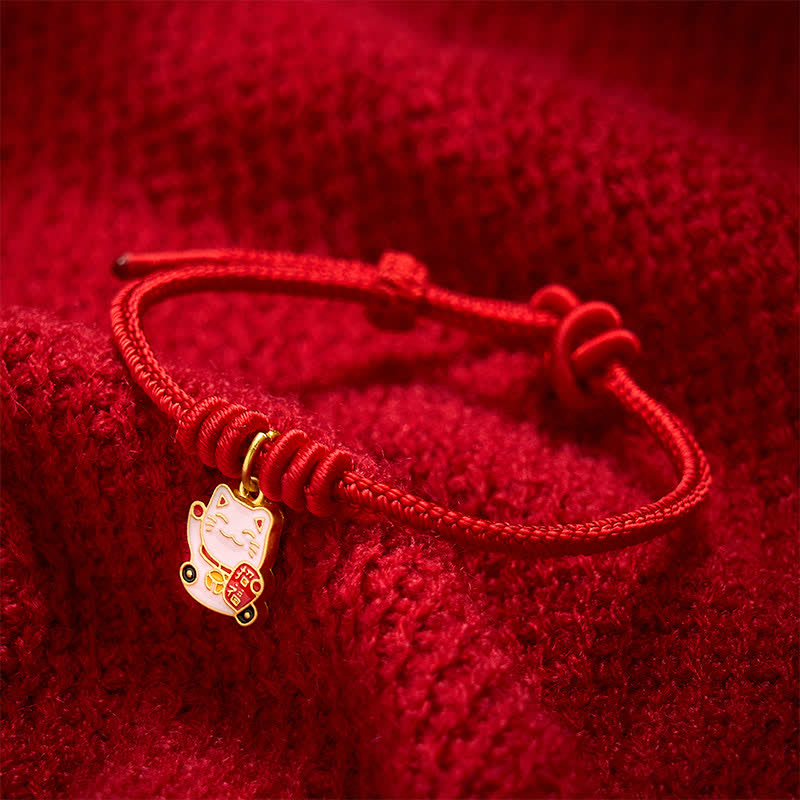 Handmade Braided Red String Lucky Cat Bringing Good Fortune Fu Character Adjustable Bracelet