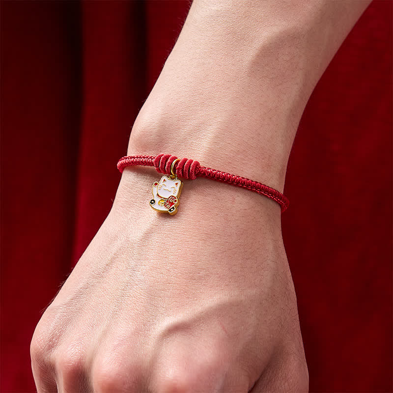 Handmade Braided Red String Lucky Cat Bringing Good Fortune Fu Character Adjustable Bracelet