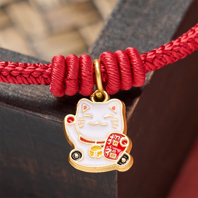 Handmade Braided Red String Lucky Cat Bringing Good Fortune Fu Character Adjustable Bracelet