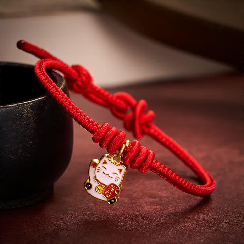 Handmade Braided Red String Lucky Cat Bringing Good Fortune Fu Character Adjustable Bracelet