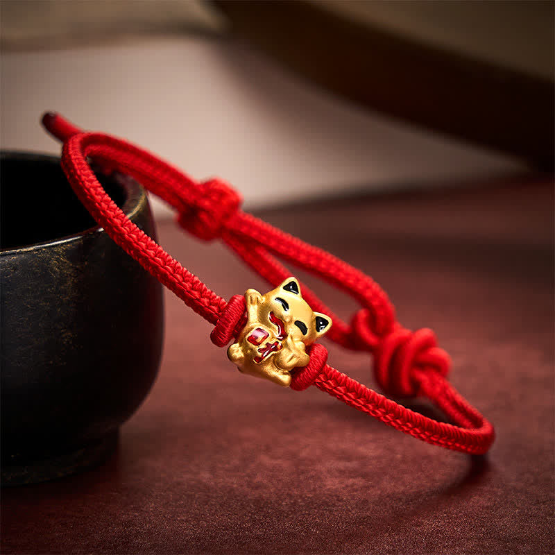 Handmade Braided Red String Golden Lucky Cat Fortune Adjustable Bracelet