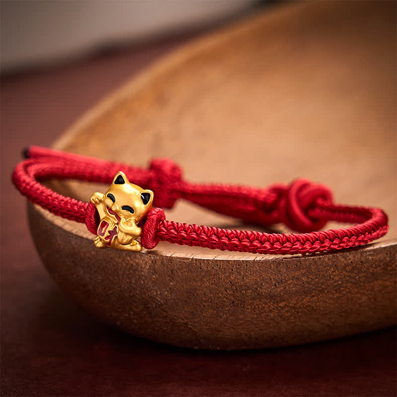 Handmade Braided Red String Golden Lucky Cat Fortune Adjustable Bracelet
