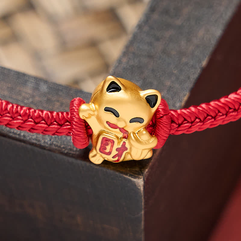 Handmade Braided Red String Golden Lucky Cat Fortune Adjustable Bracelet