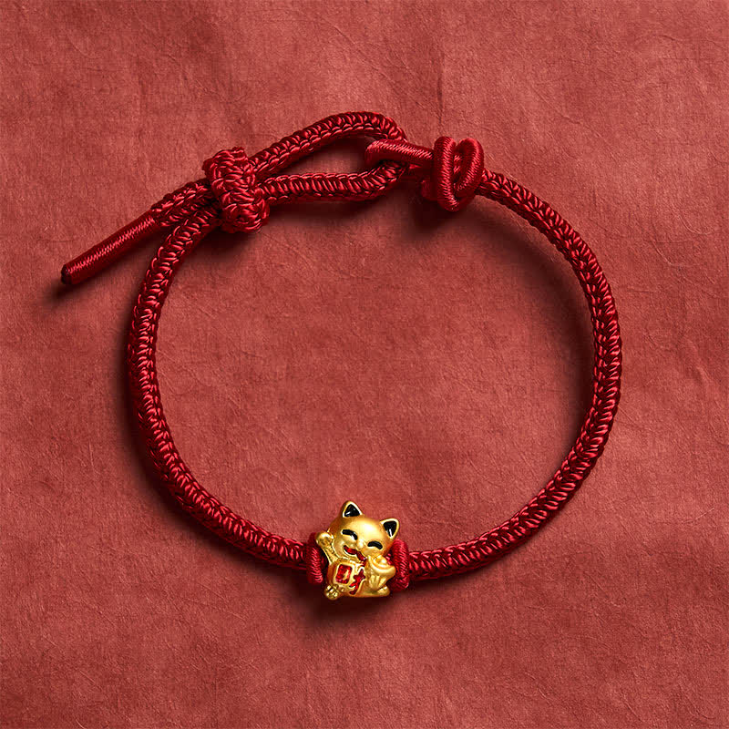 Handmade Braided Red String Golden Lucky Cat Fortune Adjustable Bracelet