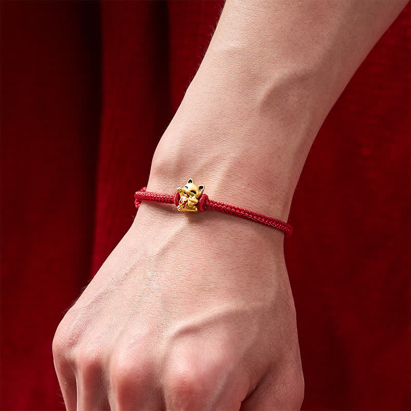 Handmade Braided Red String Golden Lucky Cat Fortune Adjustable Bracelet