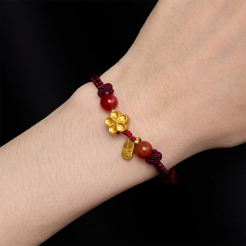 Copper Peach Blossoms Fu Character Good Fortune Red String Charm Bracelet