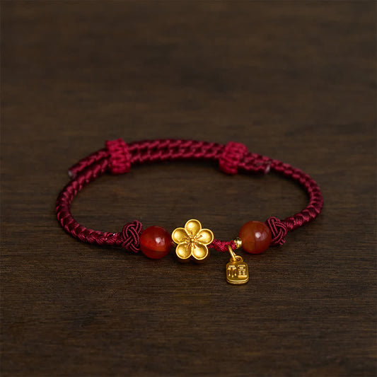 Copper Peach Blossoms Fu Character Good Fortune Red String Charm Bracelet