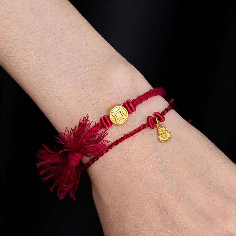 Alloy Chinese Coin Gourd Pendant Wealth Double-Strand Red String Bracelet
