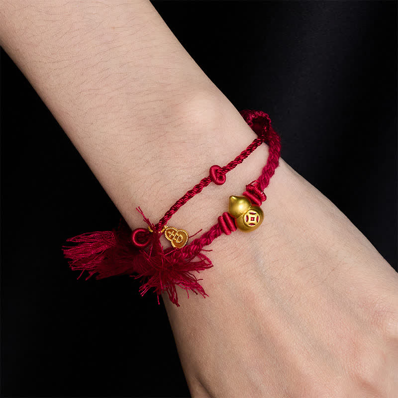 Alloy Gourd Shaped Chinese Coin Gourd Pendant Wealth Double-Strand Red String Bracelet