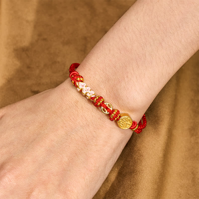 Fu Character Copper Coins Red String Blessing Bracelet