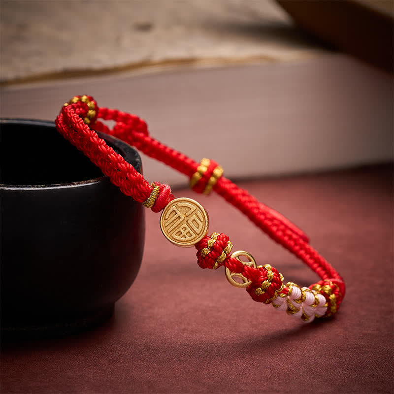 Fu Character Copper Coins Red String Blessing Bracelet