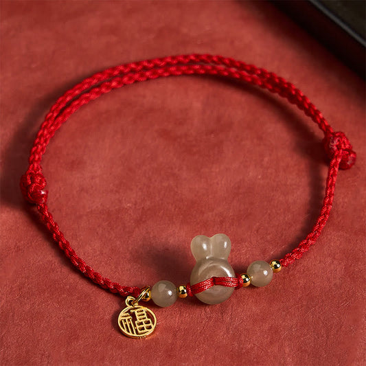 Hetian Jade Rabbit-Head Peace Buckle Fu Character Grounding Red String Vintage Bracelet