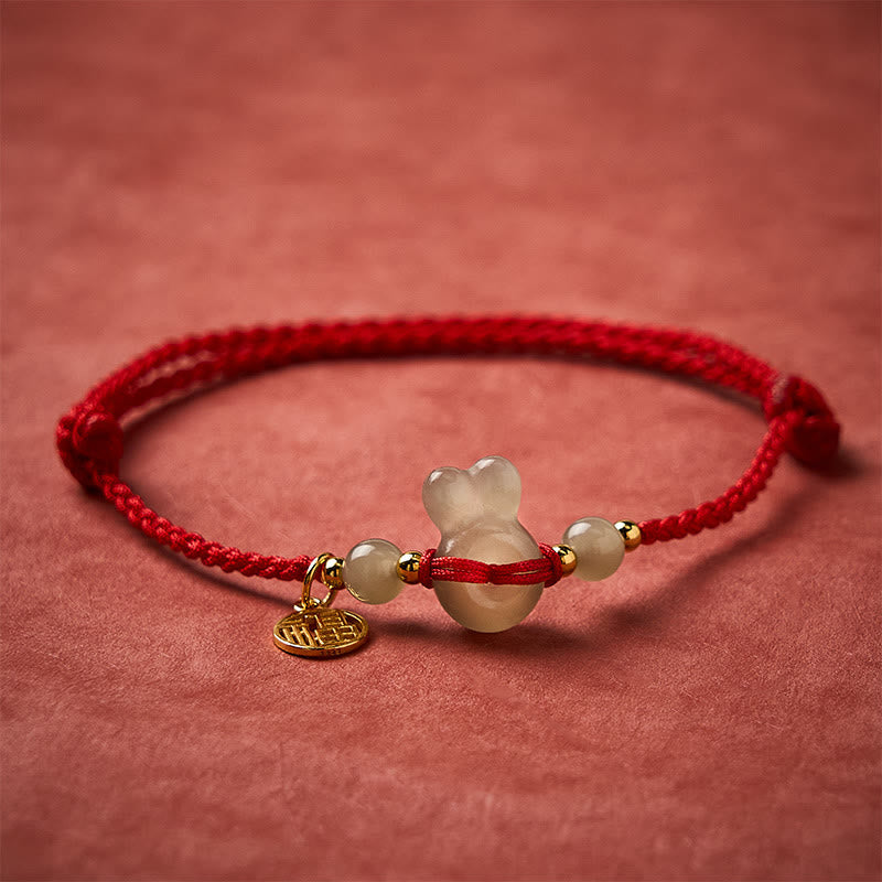Hetian Jade Rabbit-Head Peace Buckle Fu Character Grounding Red String Vintage Bracelet